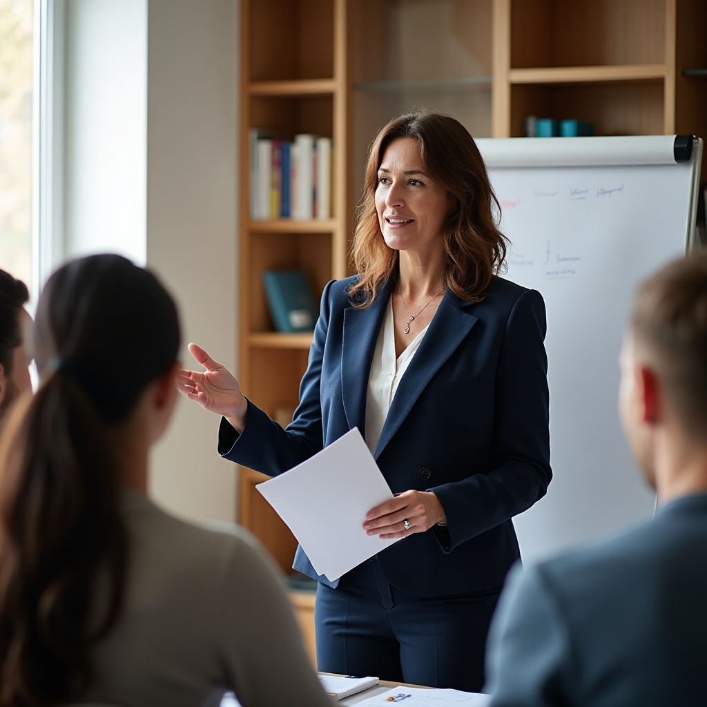 Facilitator prezentând concepte de antreprenoriat unui grup de participanți
