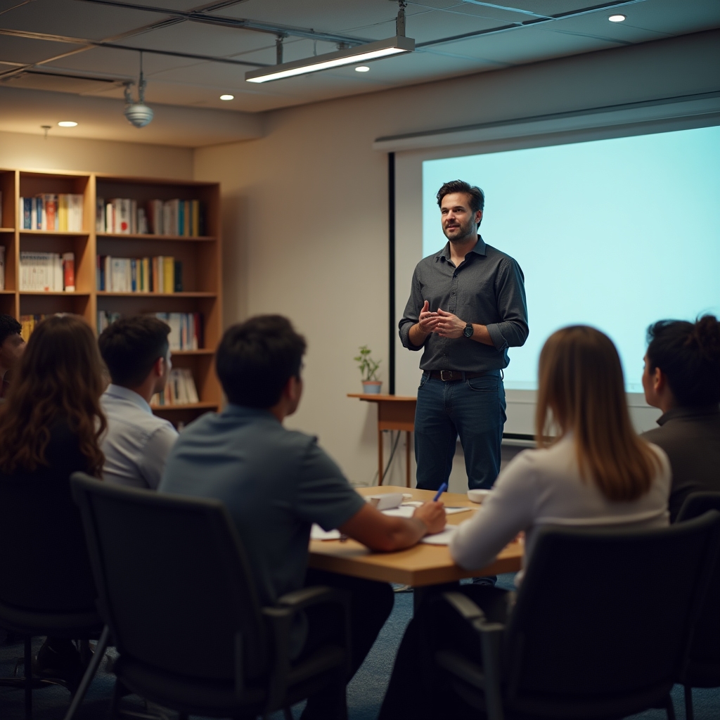 Facilitator ghidând un grup de angajați în sesiune de orientare antreprenorială